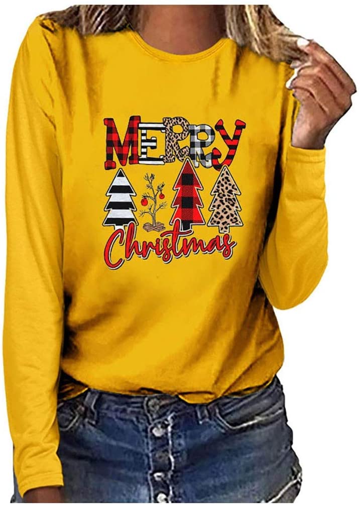 Dosoop Merry Christmas Sweatshirt for Women Leopard Tree Graphic Long Sleeve Tees Shirt Blouse Pullo