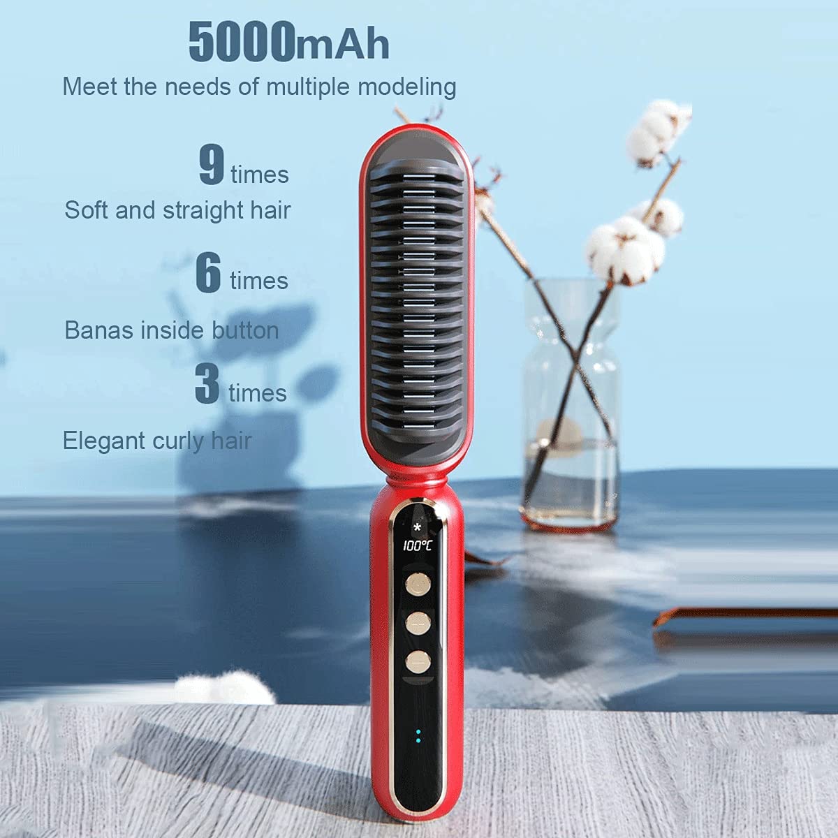 Anion Hair Straightener Brush, Cordless Rechargeable 2-IN-1 Hot Comb Brush with Anti-Scald, LCD Temp