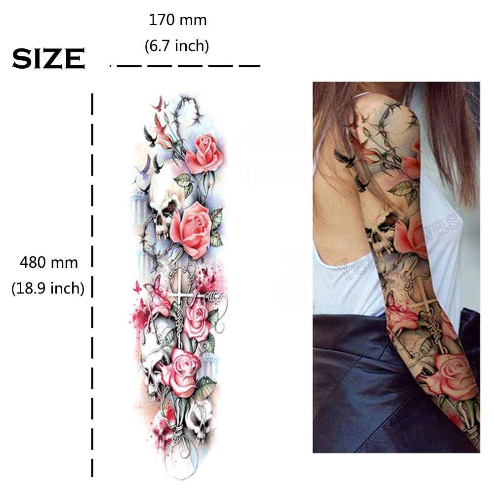 Yesallwas 6 sheet Full Arm Temporary Tattoos for Women Men, Waterproof Extra Large Temporary Tattoos