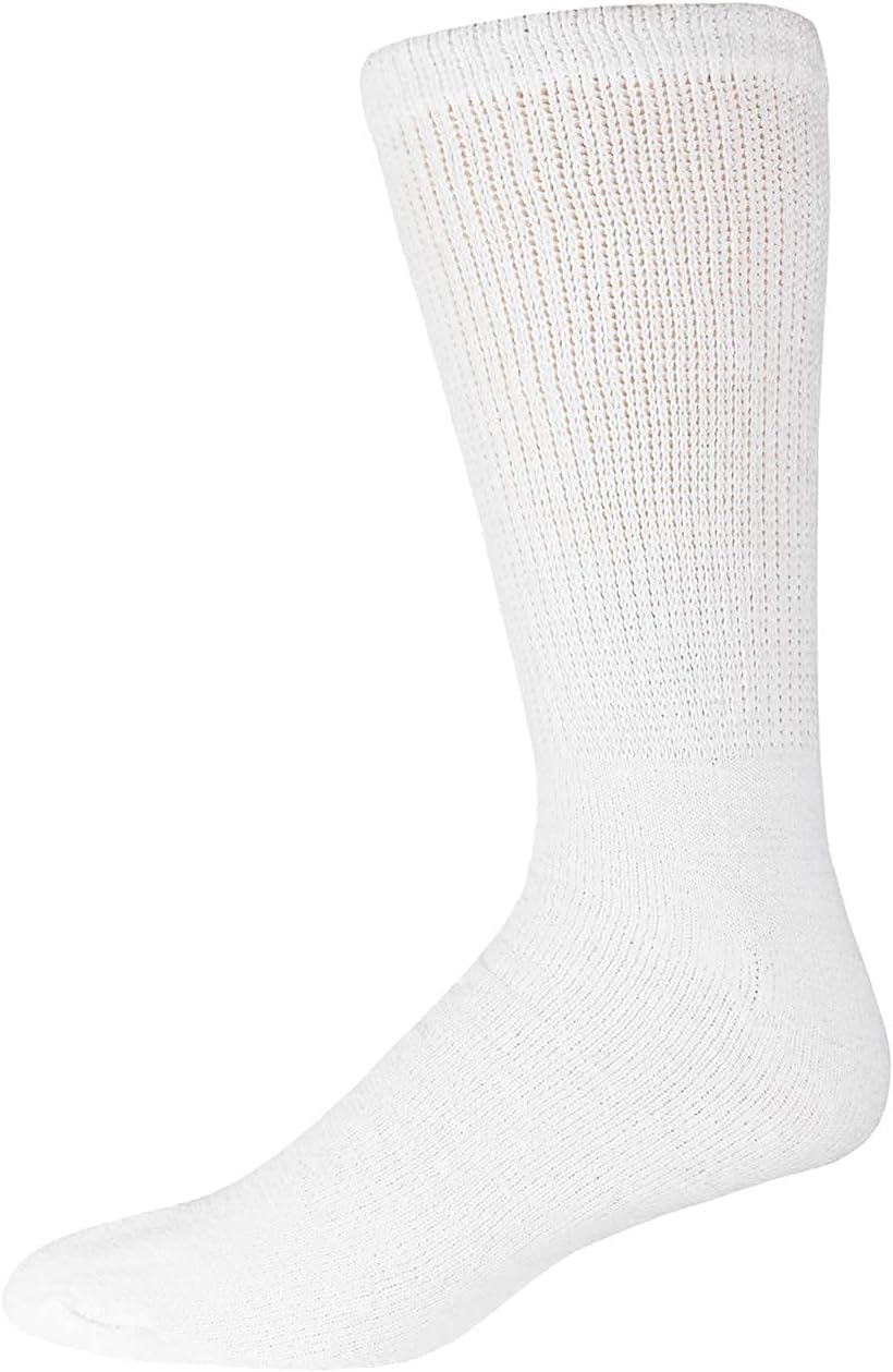 6 Pairs of Cotton Diabetic Neuropathy Crew Socks (10-13, Fits Mens Shoe Size 9-12, White)