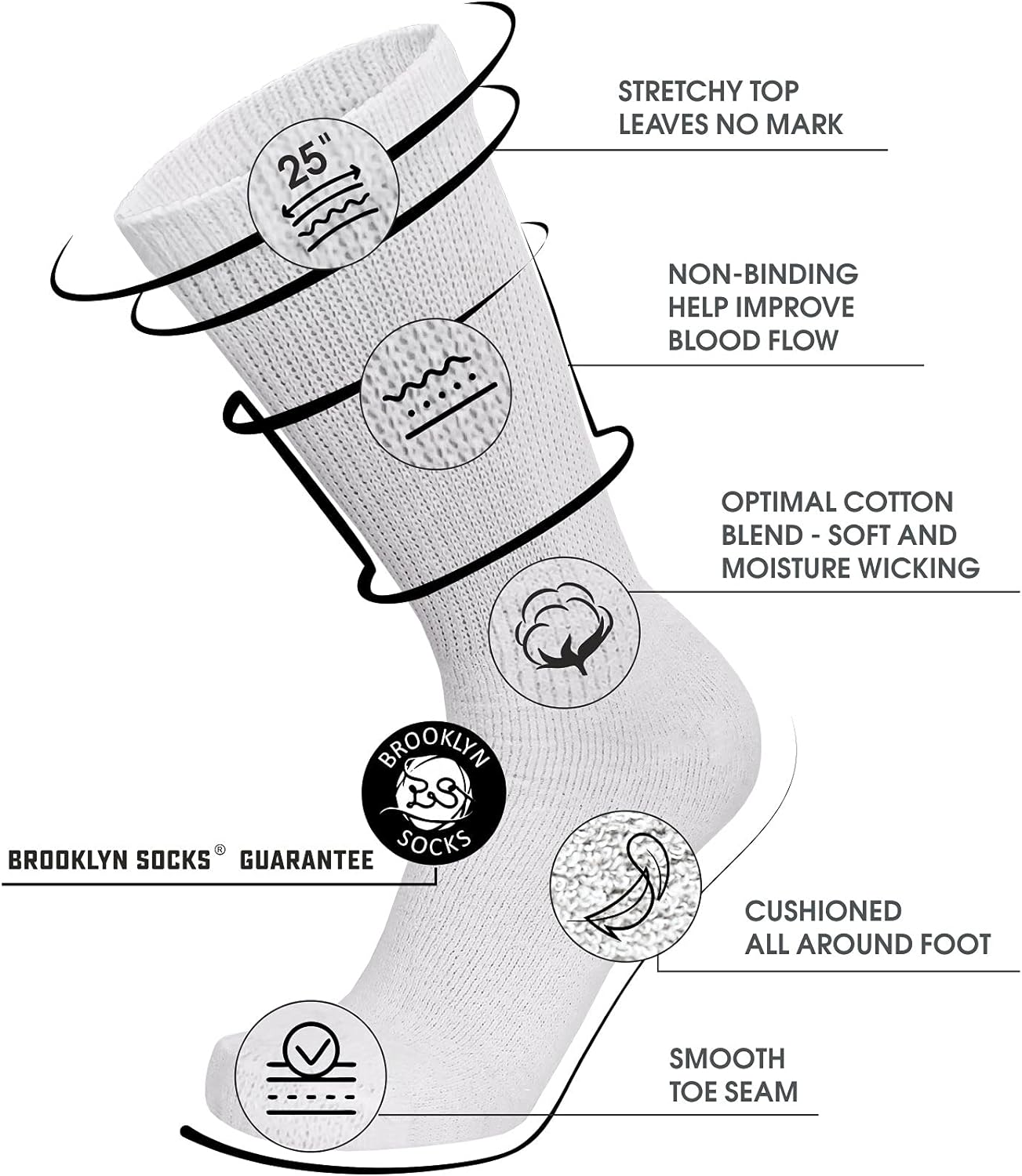 6 Pairs of Cotton Diabetic Neuropathy Crew Socks (10-13, Fits Mens Shoe Size 9-12, White)