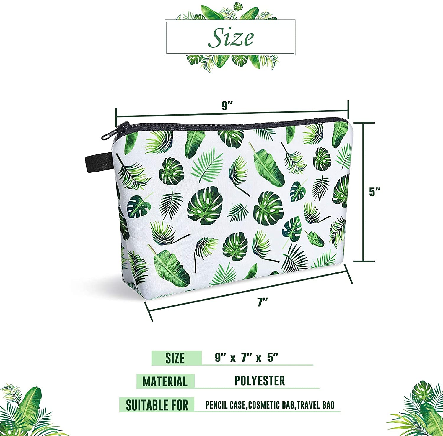 Palm Cosmetic Bag - Makeup Bag for Girls Women Tropical Monstera Palm Leaves Water-resistant Vanity