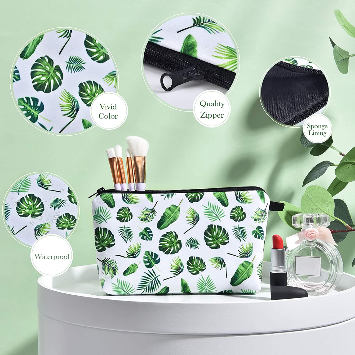 Palm Cosmetic Bag - Makeup Bag for Girls Women Tropical Monstera Palm Leaves Water-resistant Vanity