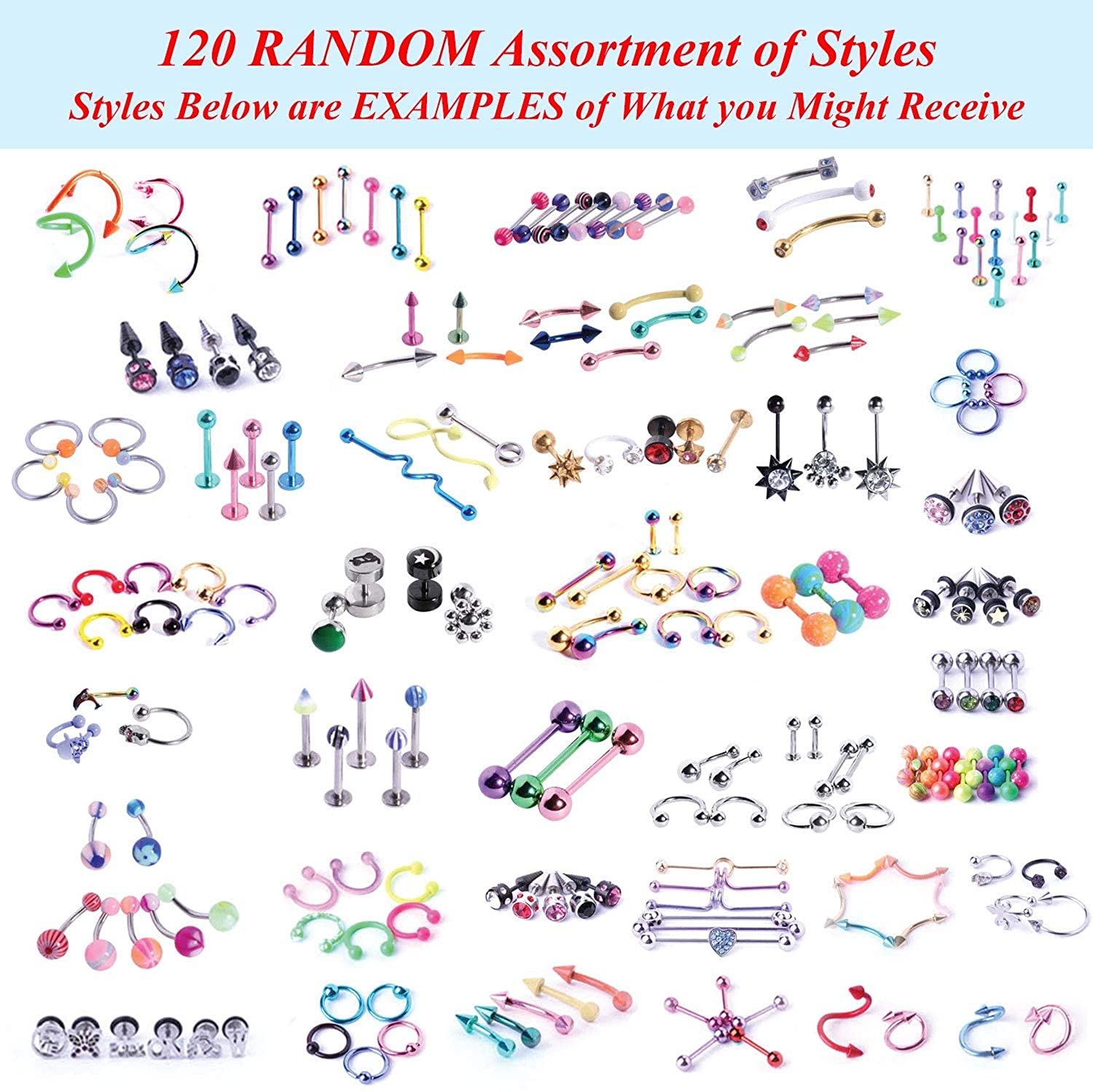 BodyJ4You 156PC Body Piercing Kit Aftercare Spray 14G 16G Belly Ring Tragus Random Mix Jewelry