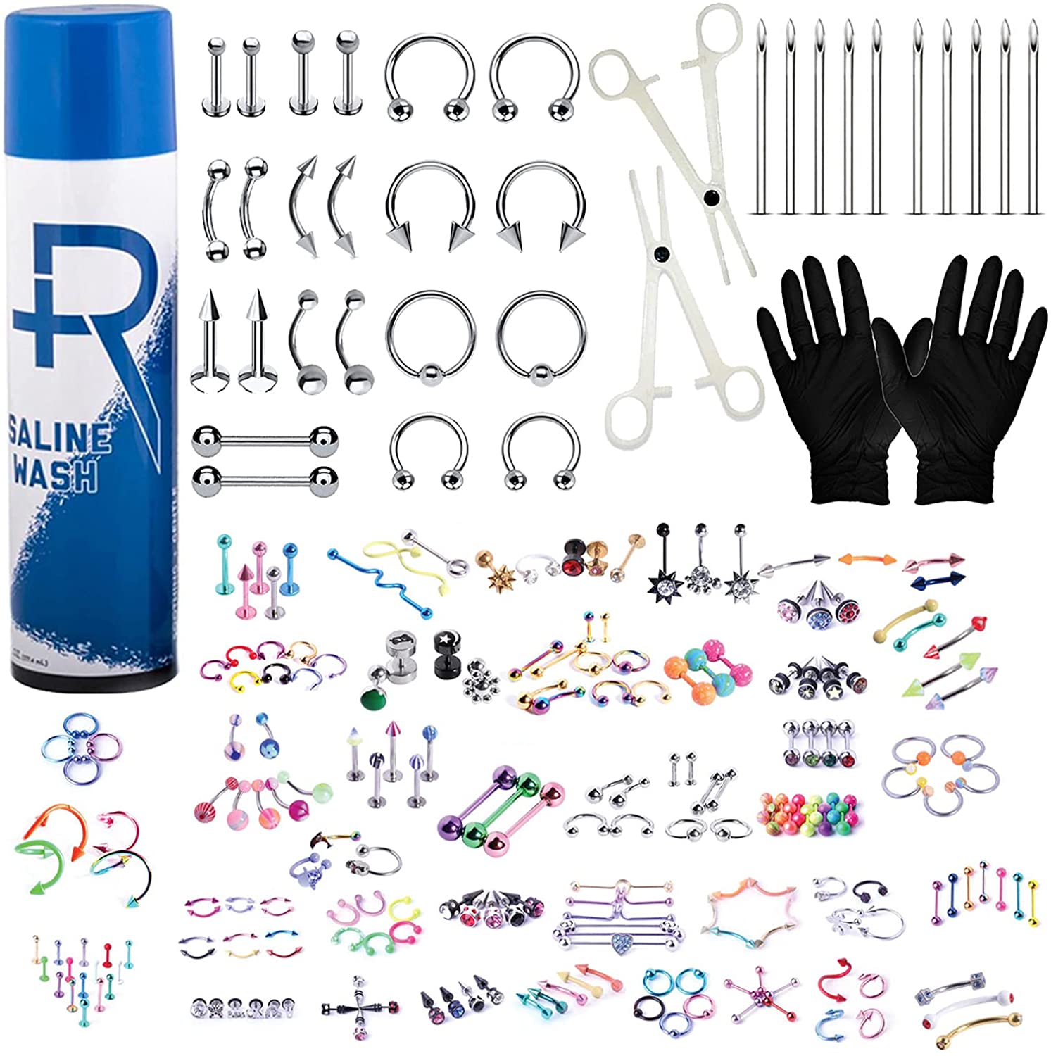 BodyJ4You 156PC Body Piercing Kit Aftercare Spray 14G 16G Belly Ring Tragus Random Mix Jewelry
