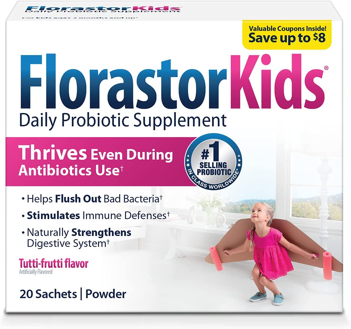 Florastor Kids Daily Probiotic Supplement, Tutti-Frutti Flavor Powder Mixes with Food or Beverage, U