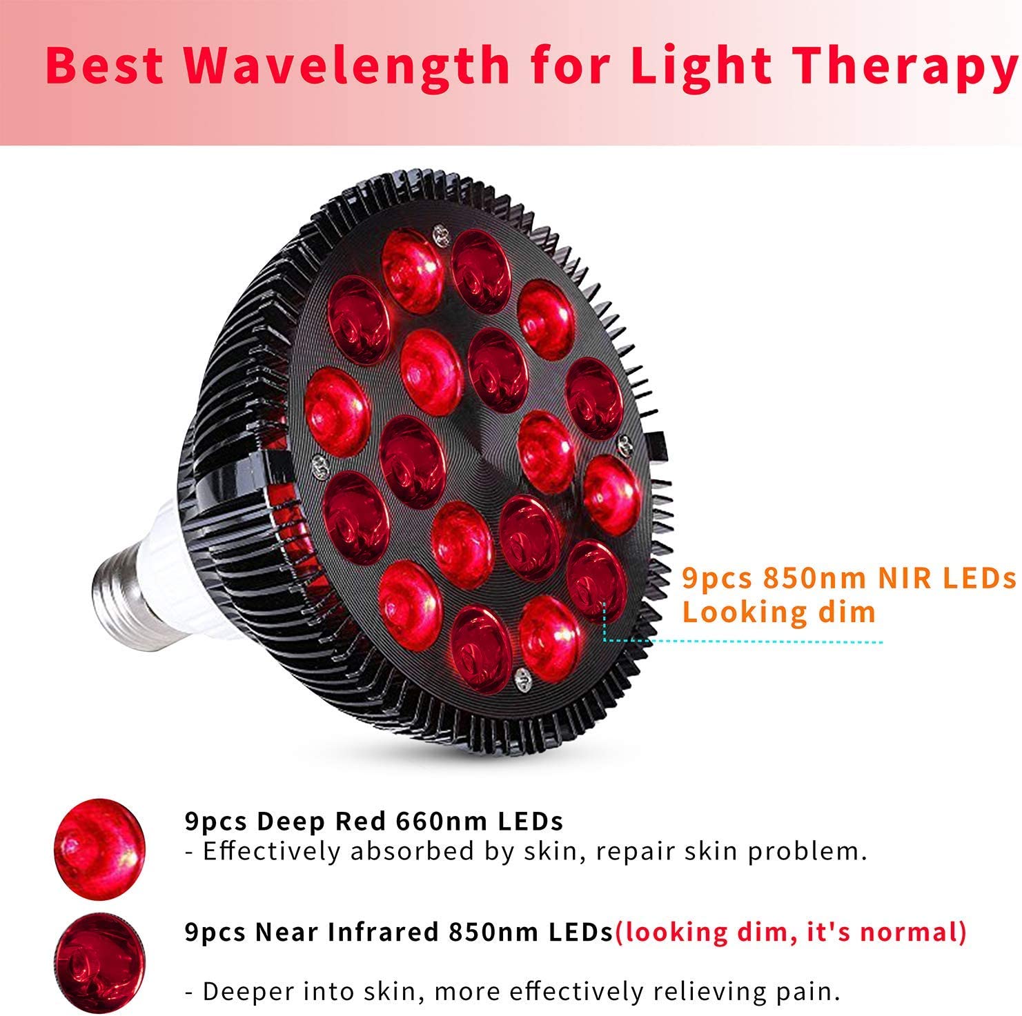 Wolezek Red Light Therapy, 18 LEDs Red Light Therapy Bulb with 660nm Red and 850nm Near-Infrared Com