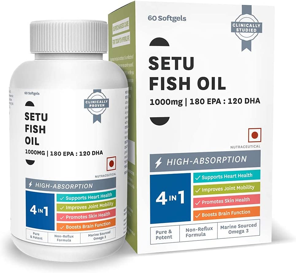 BAVI Setu Fish Oil Ultra-Pure Marine Sourced 1000 mg Omega 3 | 180mg EPA 120mg DHA | for Brain, Hear