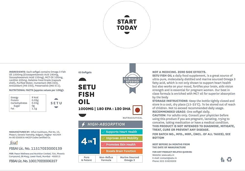 BAVI Setu Fish Oil Ultra-Pure Marine Sourced 1000 mg Omega 3 | 180mg EPA 120mg DHA | for Brain, Hear