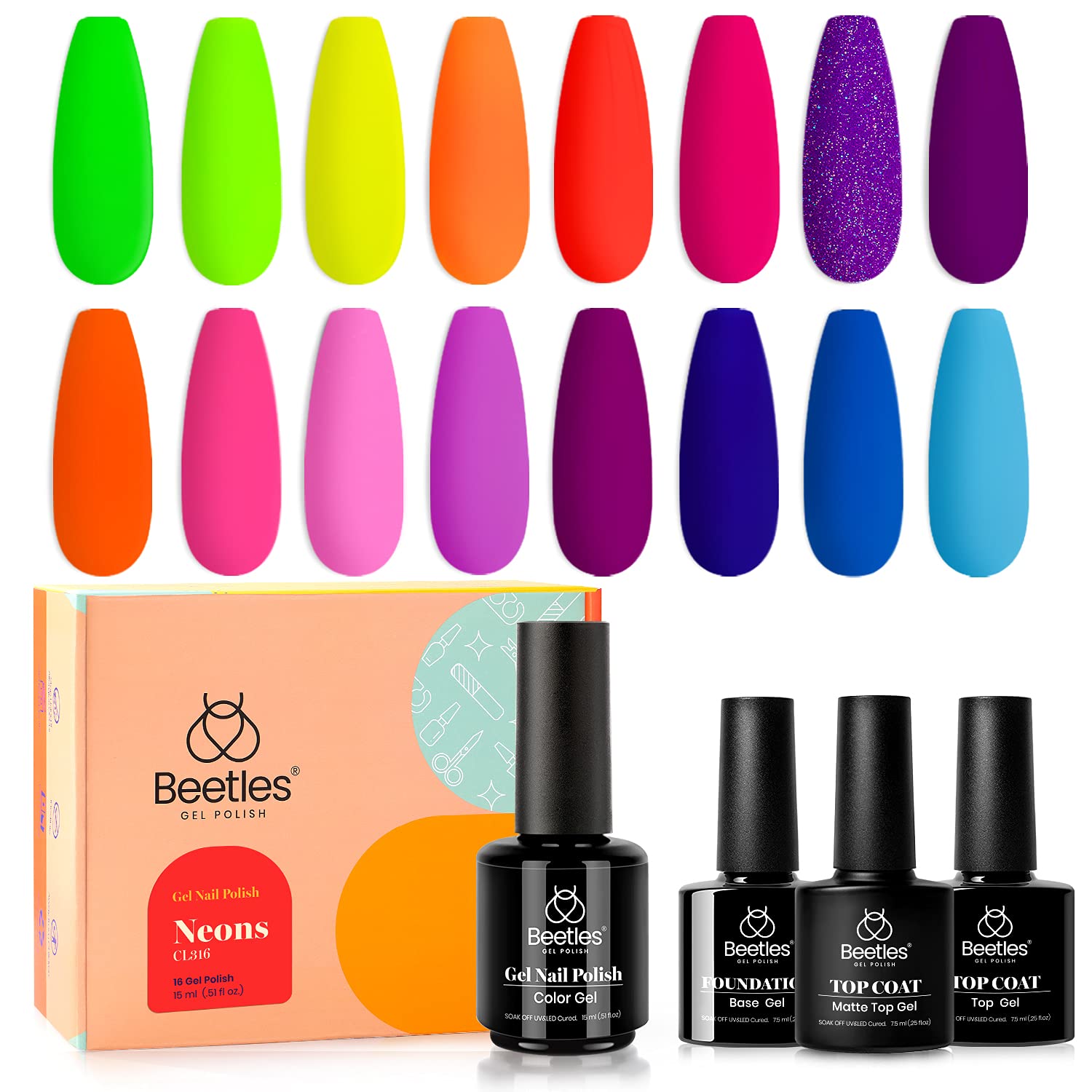 Beetles Gel Nail Polish Kit, 19 Pcs 15ML Neon Collection Gel Polish Set with Base Gel Glossy & Matte