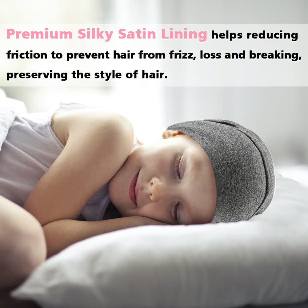Greatremy Silky Kids Satin Lined Hair Bonnet Sleep Cap,Extra Large Double Layer Adjustable Slouchy B
