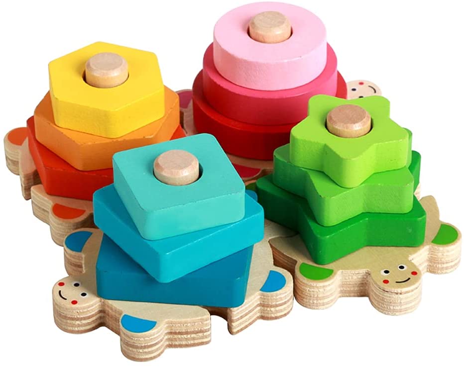 Wooden Sorting & Stacking Toy for Toddler, Shape Sorter Puzzle, Montessori Color Recognition Stacker