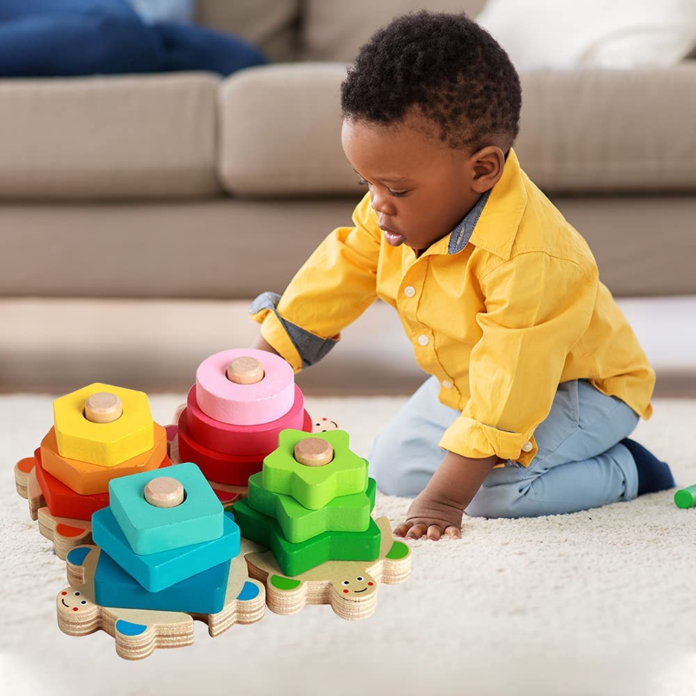Wooden Sorting & Stacking Toy for Toddler, Shape Sorter Puzzle, Montessori Color Recognition Stacker