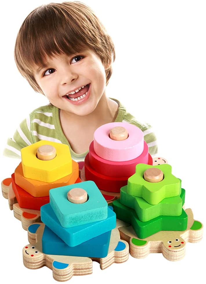 Wooden Sorting & Stacking Toy for Toddler, Shape Sorter Puzzle, Montessori Color Recognition Stacker