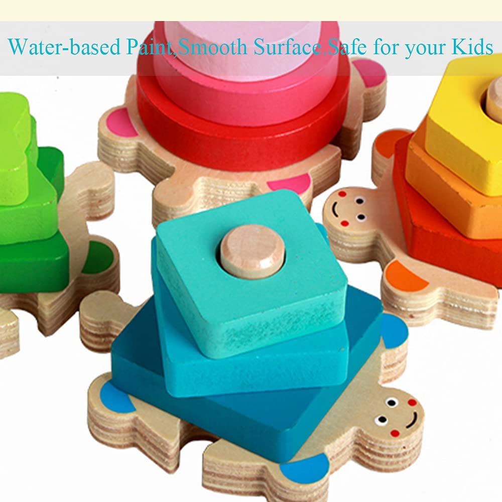 Wooden Sorting & Stacking Toy for Toddler, Shape Sorter Puzzle, Montessori Color Recognition Stacker