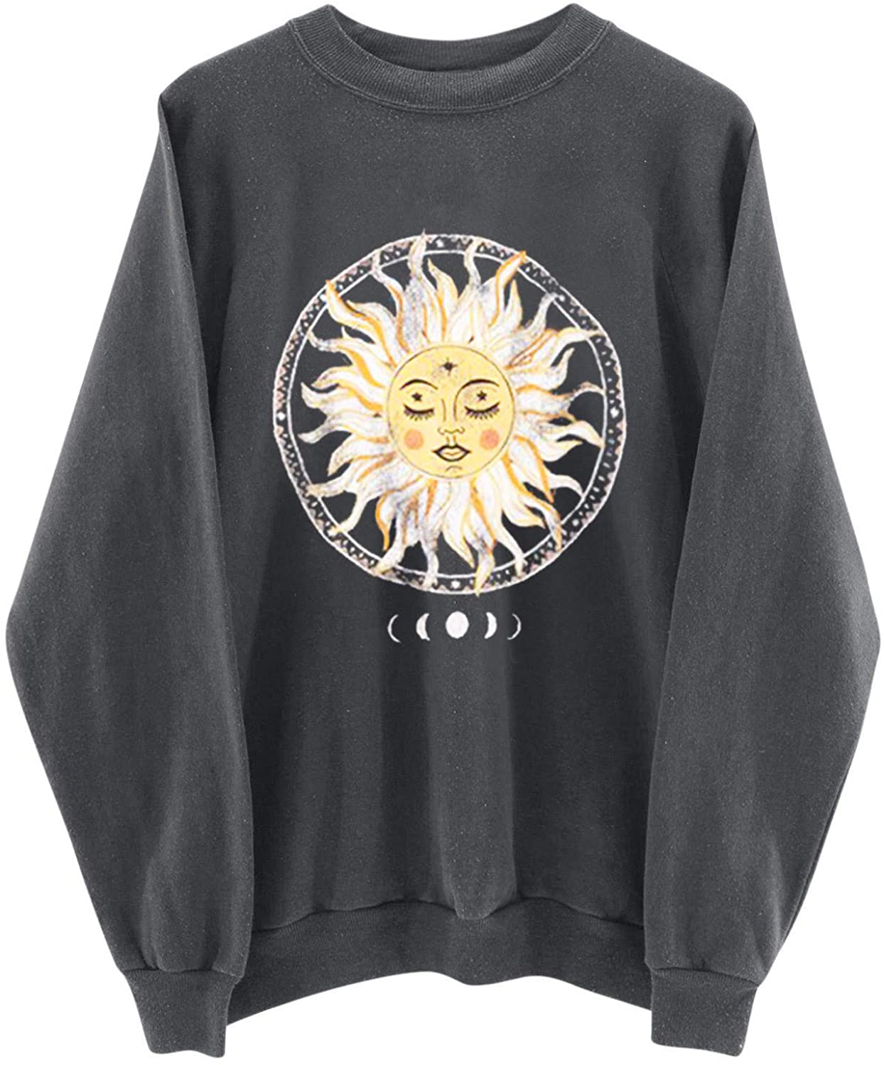 Womens Plus Size Sweatshirt Casual Printing Long Sleeve Pullover Blouse Tops Sun Moon Halloween Loos
