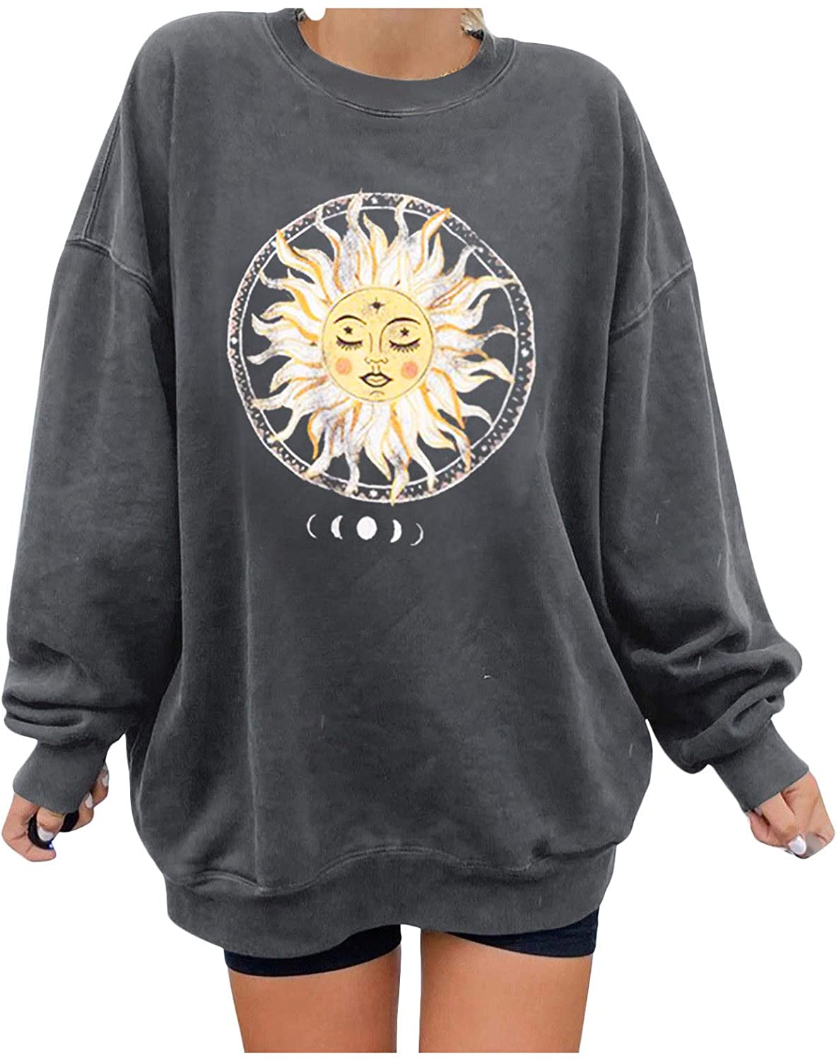 Womens Plus Size Sweatshirt Casual Printing Long Sleeve Pullover Blouse Tops Sun Moon Halloween Loos