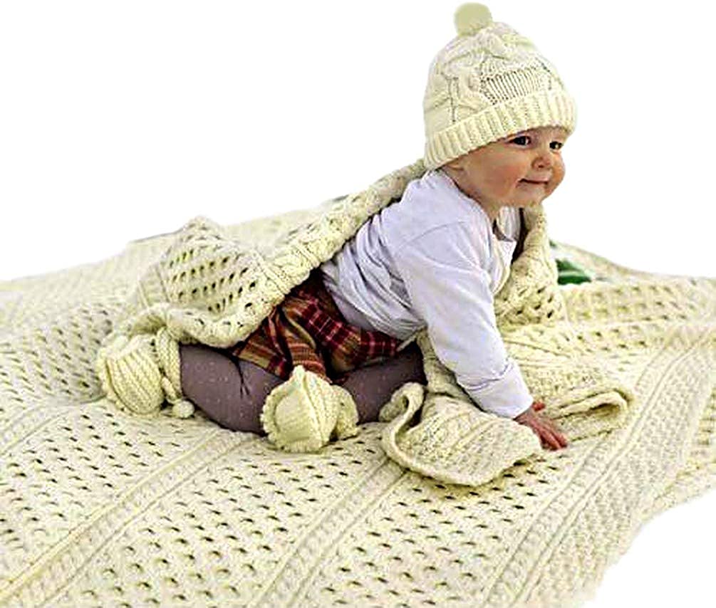 100 Irish Merino Wool Aran Baby Blanket by Carraig Donn
