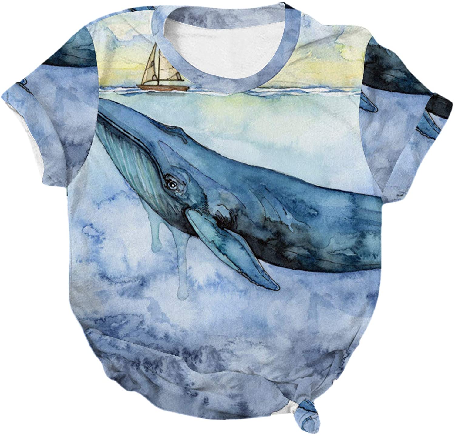 Dosoop Womens Summer Graphic Tops Casual Crewneck Short Sleeve Shirts for Women,Ocean Whale Printed 