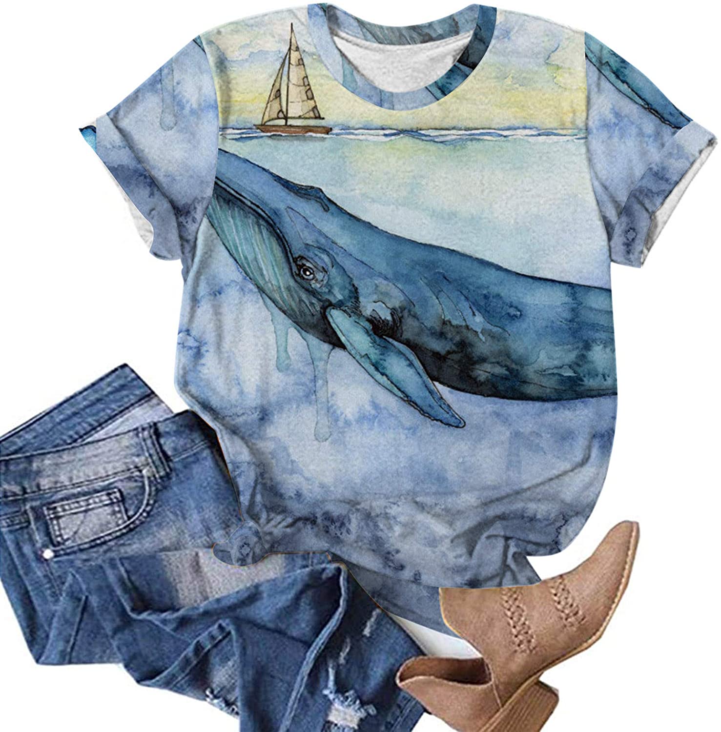 Dosoop Womens Summer Graphic Tops Casual Crewneck Short Sleeve Shirts for Women,Ocean Whale Printed 