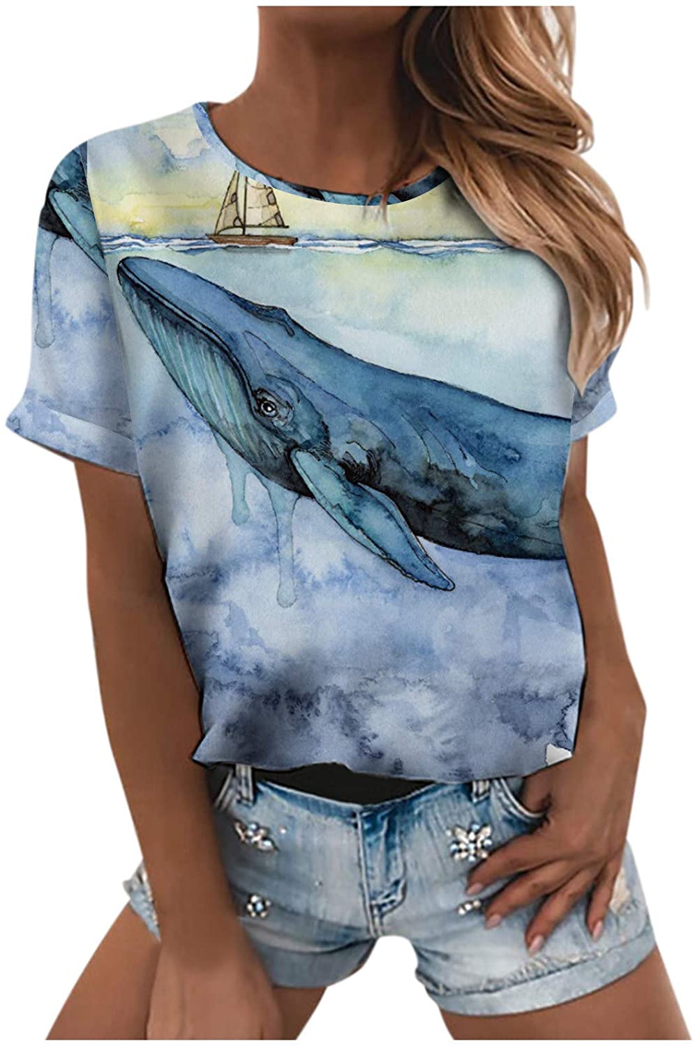 Dosoop Womens Summer Graphic Tops Casual Crewneck Short Sleeve Shirts for Women,Ocean Whale Printed 