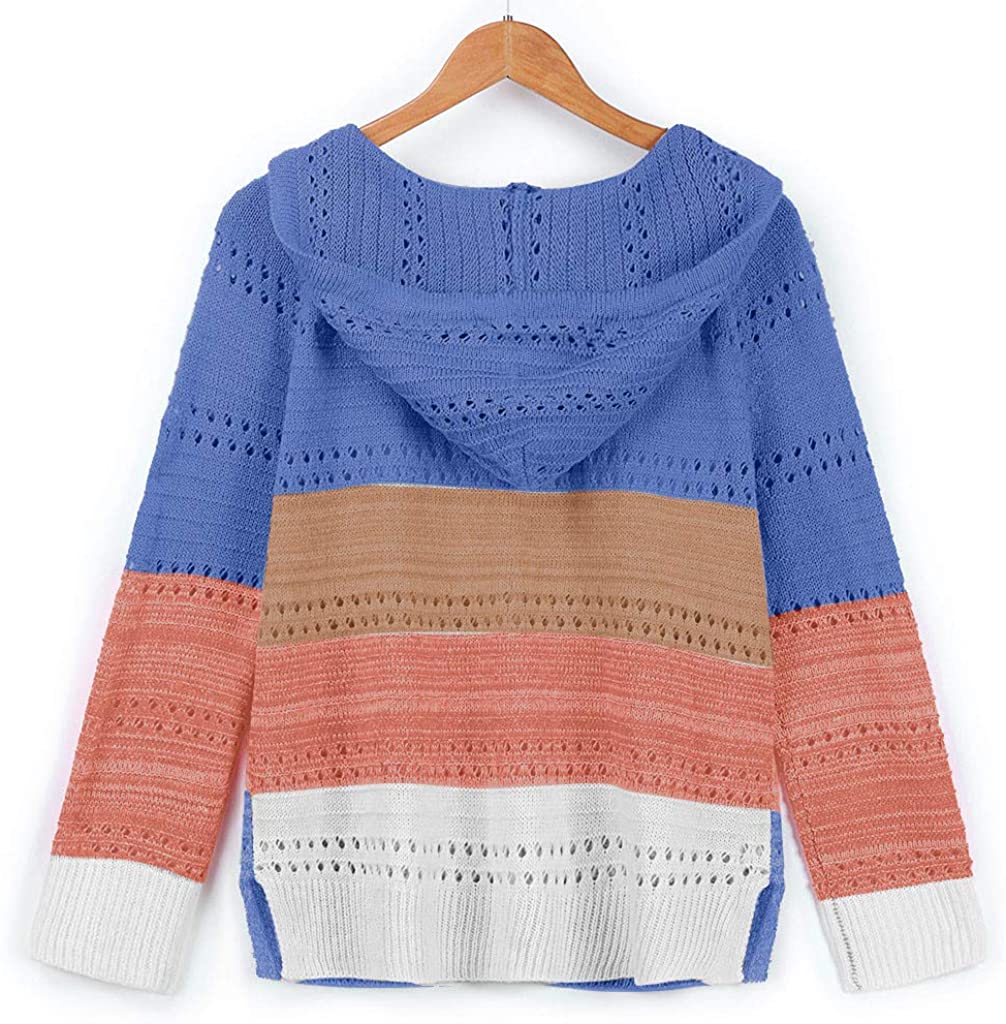 Dosoop Women Shirt 2020 Blouse Sweater Hoodies Patchwork Long Sleeves Hooded Cardigan Knitted Pullov