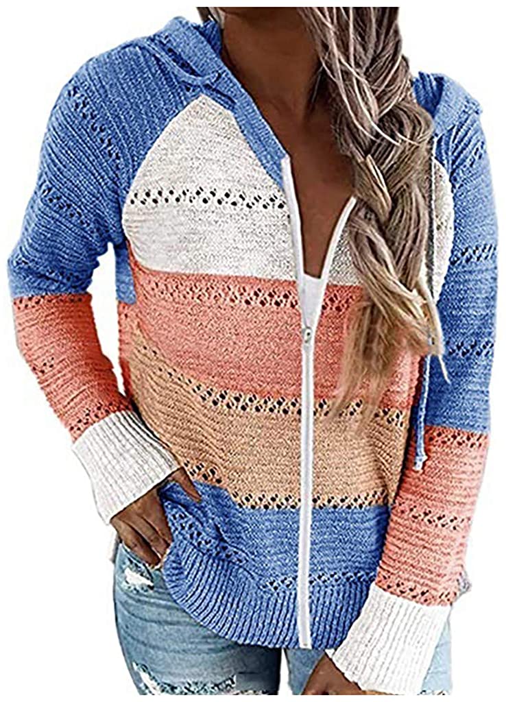 Dosoop Women Shirt 2020 Blouse Sweater Hoodies Patchwork Long Sleeves Hooded Cardigan Knitted Pullov