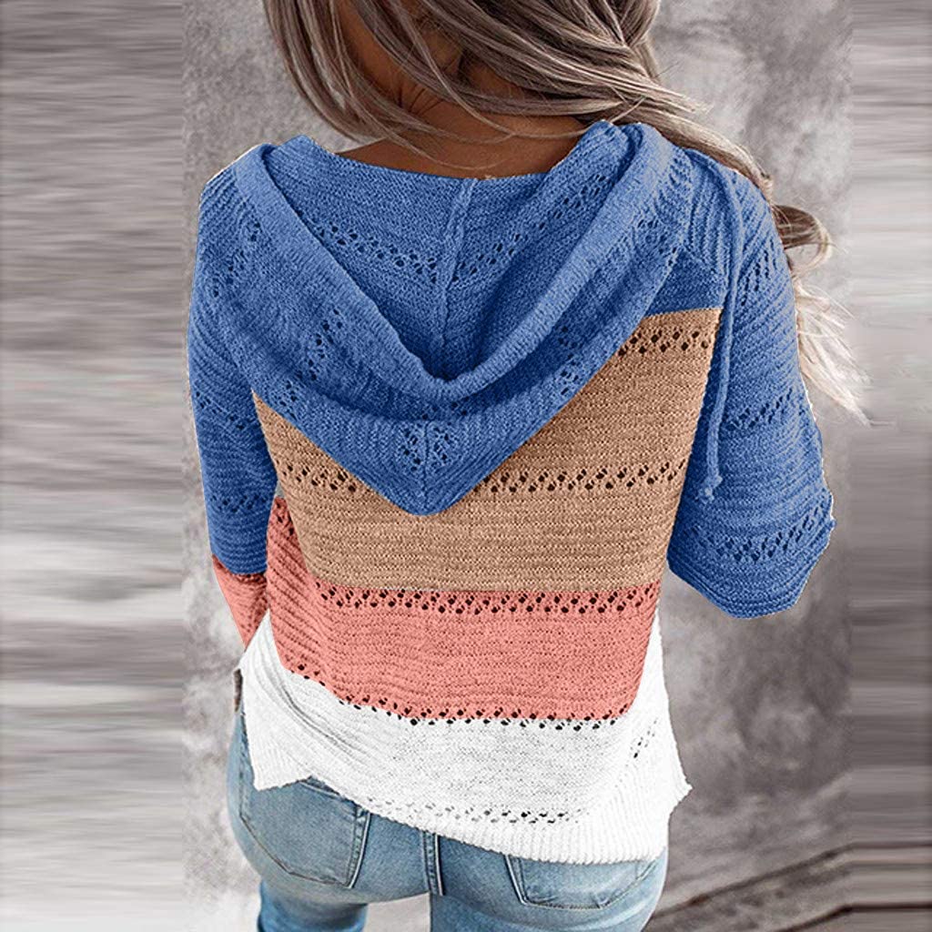 Dosoop Women Shirt 2020 Blouse Sweater Hoodies Patchwork Long Sleeves Hooded Cardigan Knitted Pullov