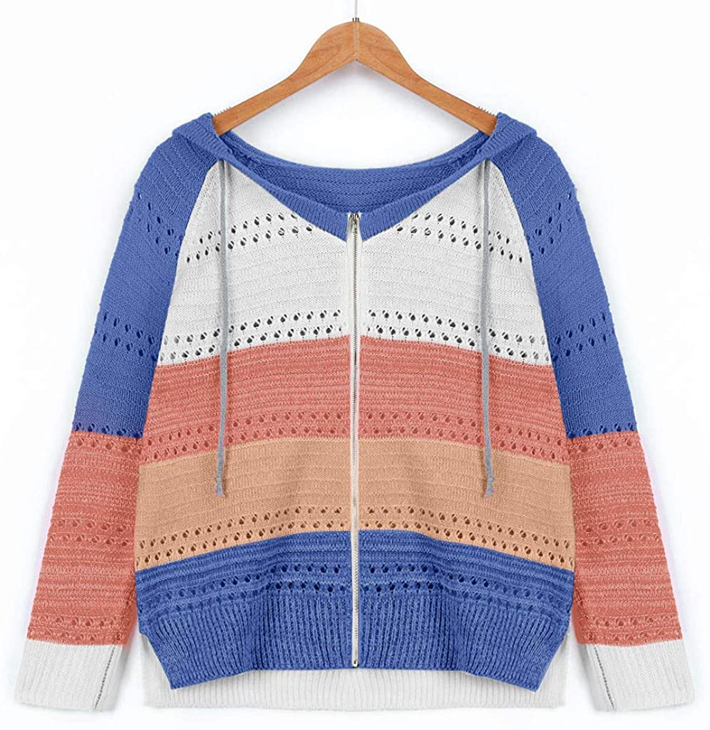 Dosoop Women Shirt 2020 Blouse Sweater Hoodies Patchwork Long Sleeves Hooded Cardigan Knitted Pullov