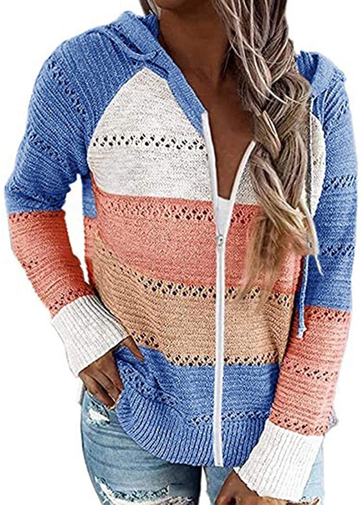 Dosoop Women Shirt 2020 Blouse Sweater Hoodies Patchwork Long Sleeves Hooded Cardigan Knitted Pullov