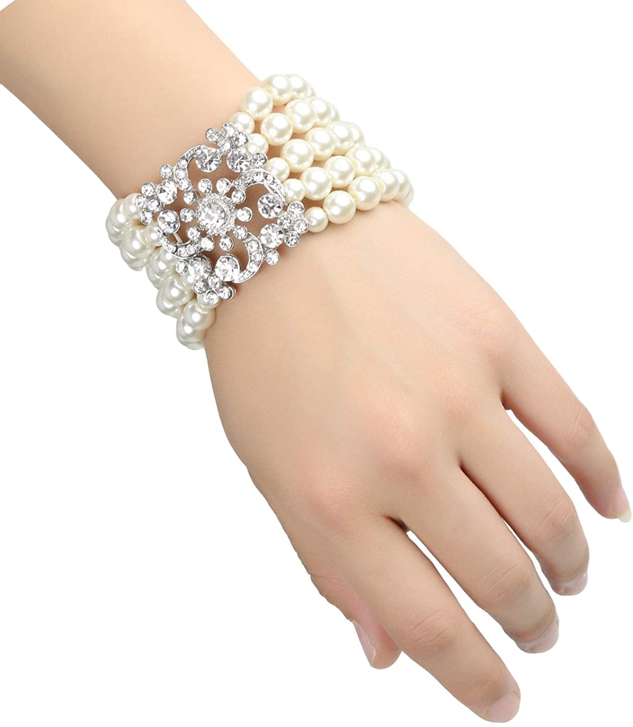 1920s Gatsby Accessories Imitation Pearls Rhinestone Bracelet Ring Vintage Flapper Wedding Bridal Je