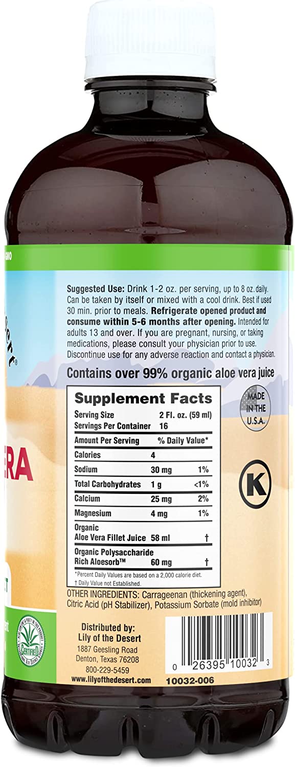 Lily of the Desert Aloe Vera Gel Inner Fillet, Dietary Supplement Drink, Certified Organically Grown