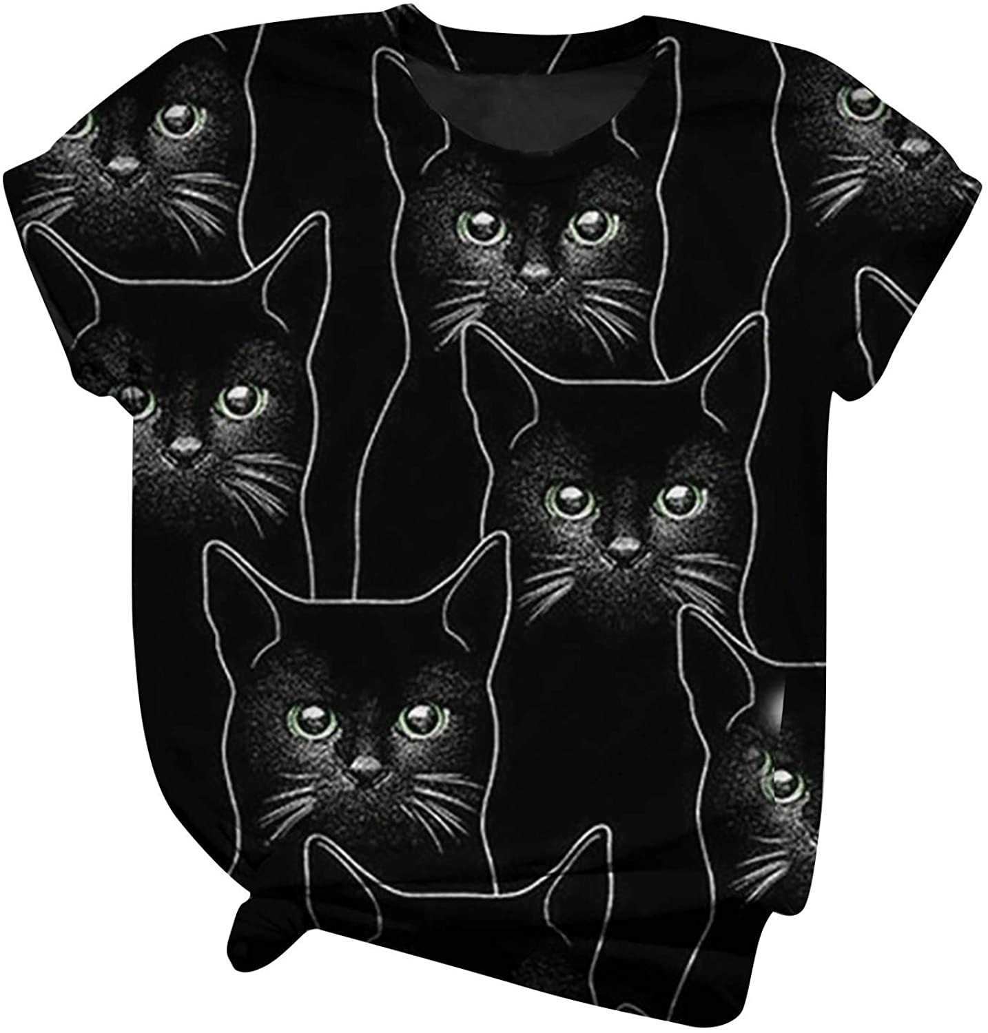 Dosoop Womens Summer Cute Cat Print Tops Short Sleeve Crewneck T-Shirts Blouse Casual Loose Tees Tun