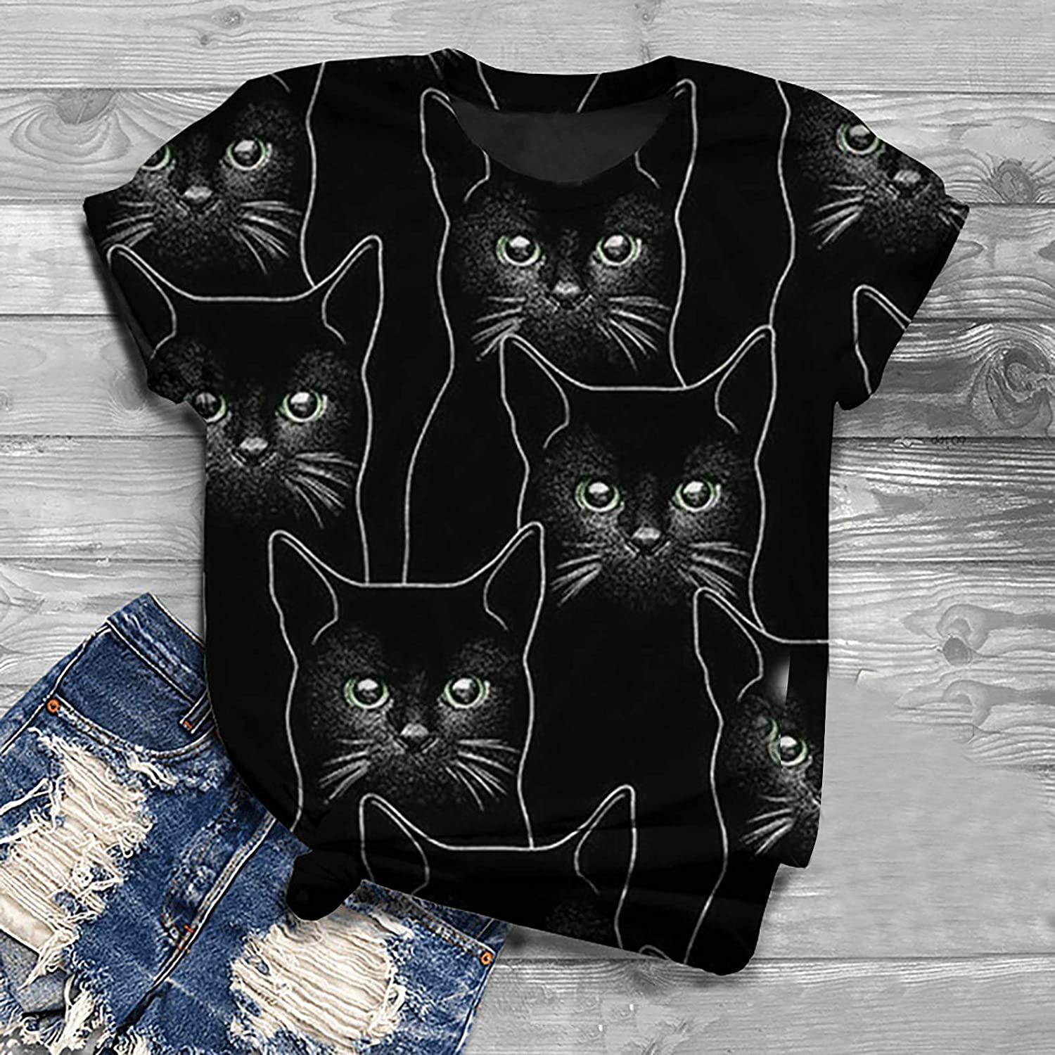 Dosoop Womens Summer Cute Cat Print Tops Short Sleeve Crewneck T-Shirts Blouse Casual Loose Tees Tun