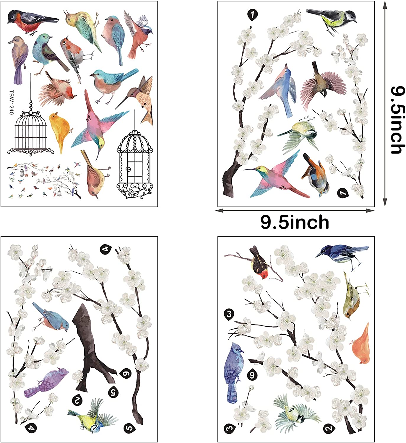 2 Pieces White Peach Blossm Flowers Black Tree Branch Flying Birds Wall Stickers Removable DIY Wall 