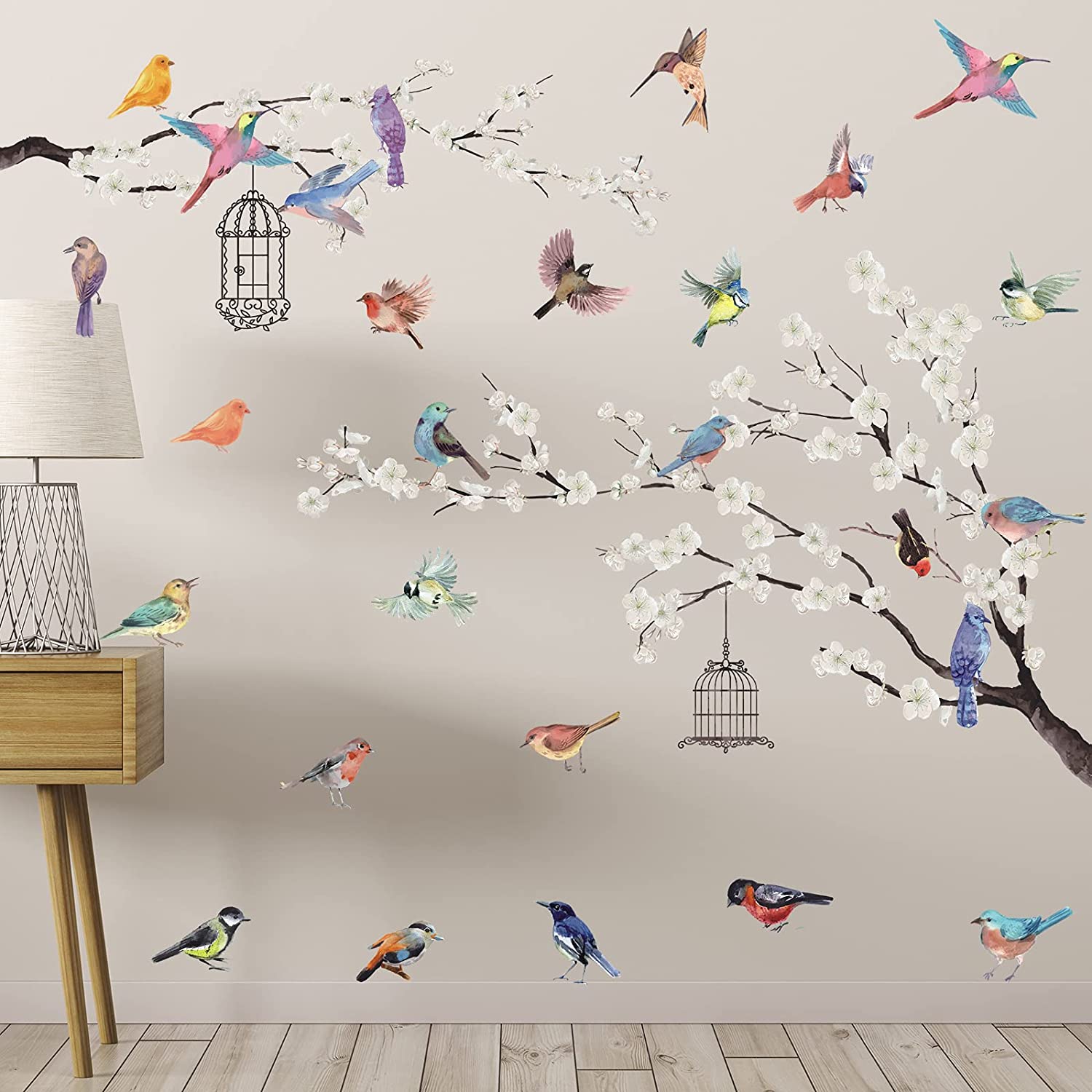 2 Pieces White Peach Blossm Flowers Black Tree Branch Flying Birds Wall Stickers Removable DIY Wall 