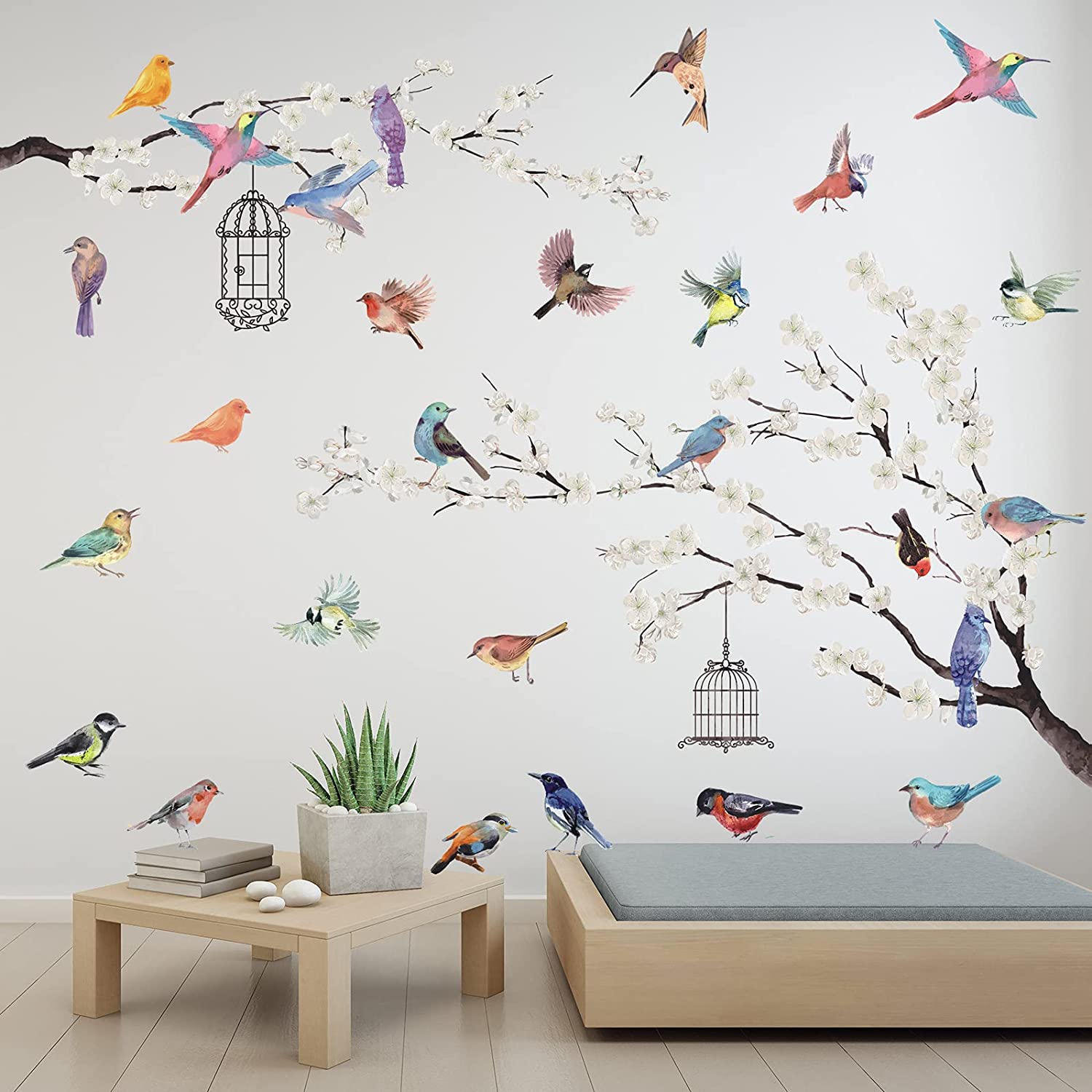 2 Pieces White Peach Blossm Flowers Black Tree Branch Flying Birds Wall Stickers Removable DIY Wall 