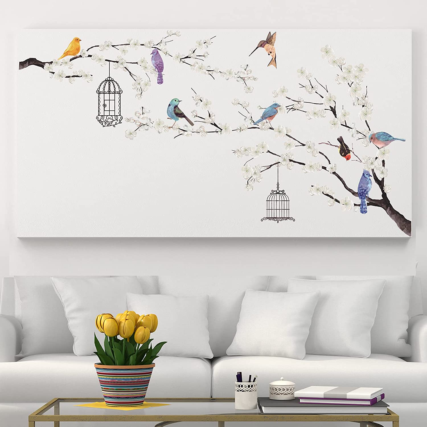 2 Pieces White Peach Blossm Flowers Black Tree Branch Flying Birds Wall Stickers Removable DIY Wall 