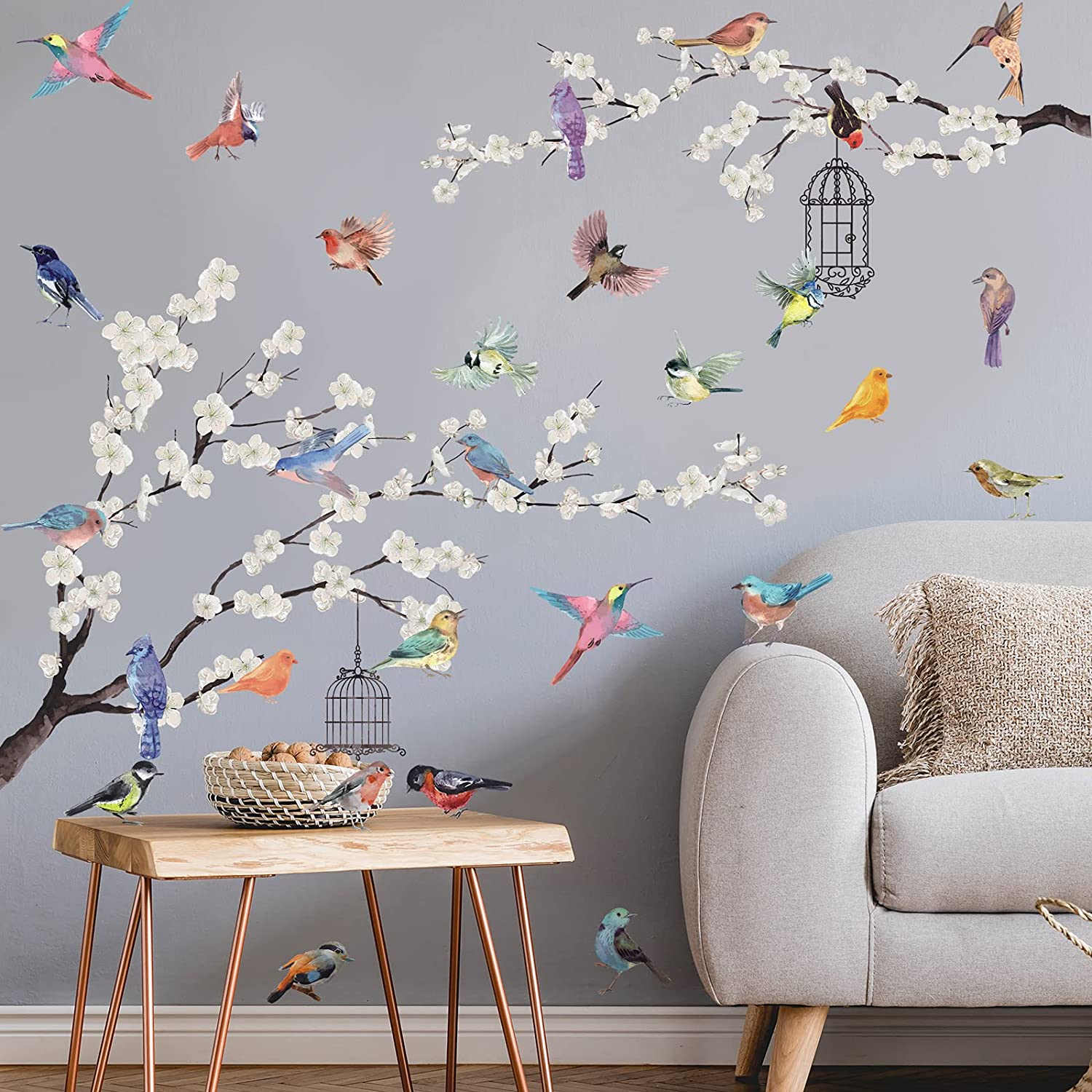 2 Pieces White Peach Blossm Flowers Black Tree Branch Flying Birds Wall Stickers Removable DIY Wall 