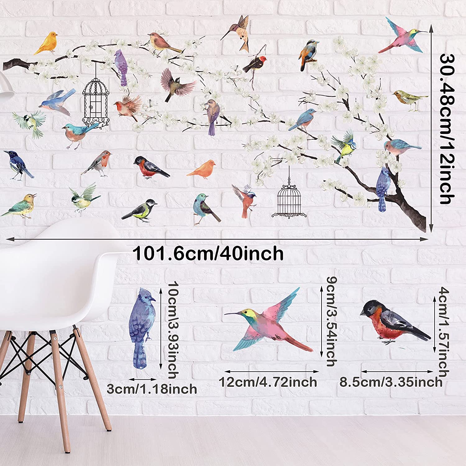 2 Pieces White Peach Blossm Flowers Black Tree Branch Flying Birds Wall Stickers Removable DIY Wall 