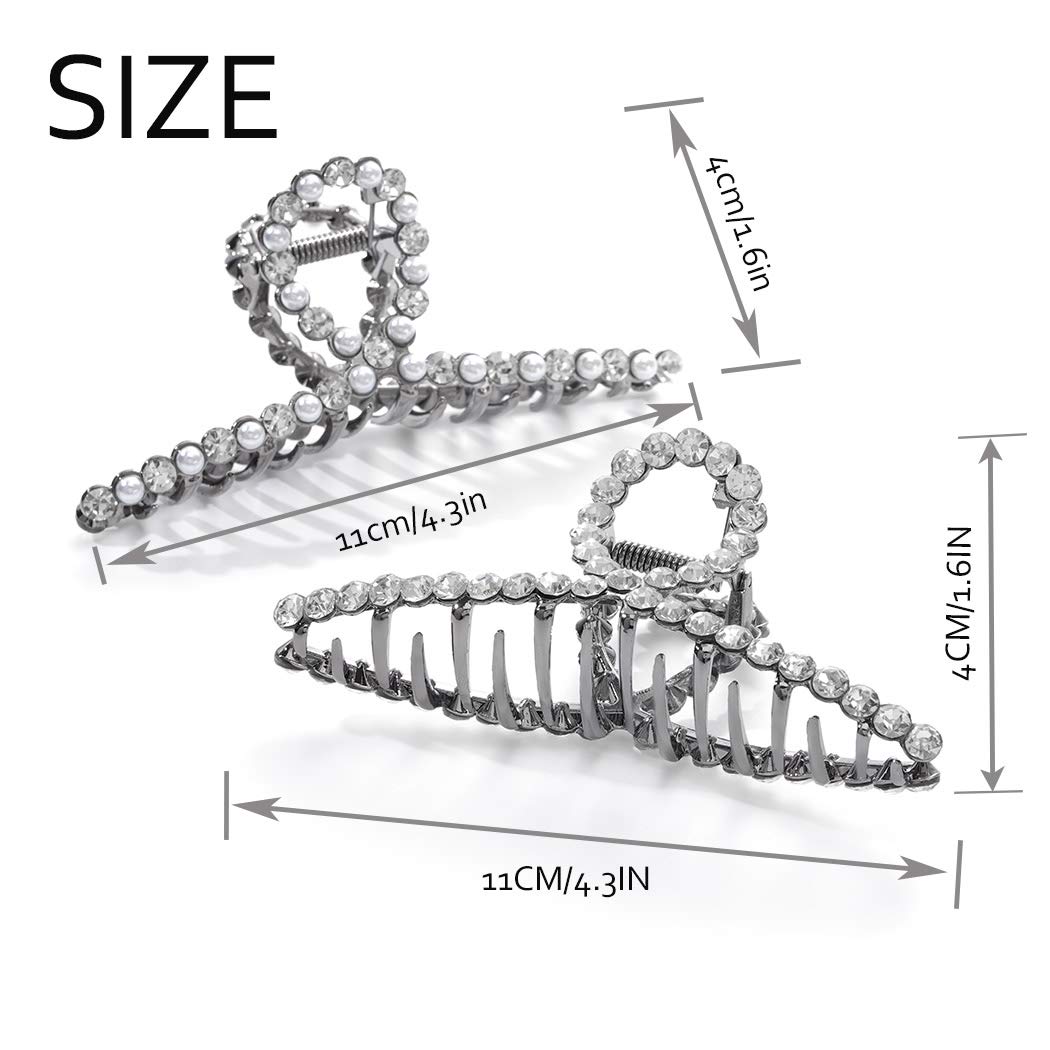 Woeoe 2PCS Metal Crystal Hair Claw Clip Silver Pearl Rhinestone Hair Claw Clips Set French Hair Catc