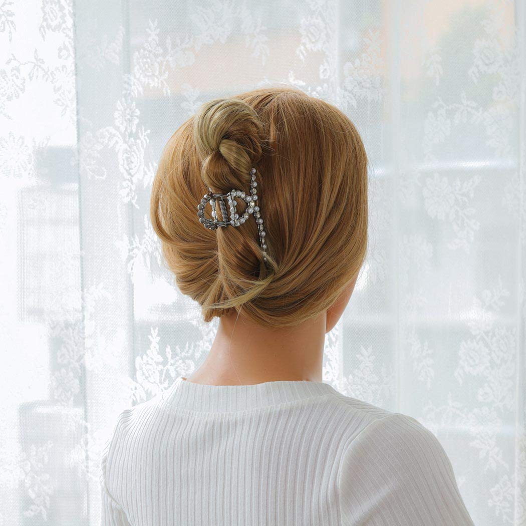 Woeoe 2PCS Metal Crystal Hair Claw Clip Silver Pearl Rhinestone Hair Claw Clips Set French Hair Catc