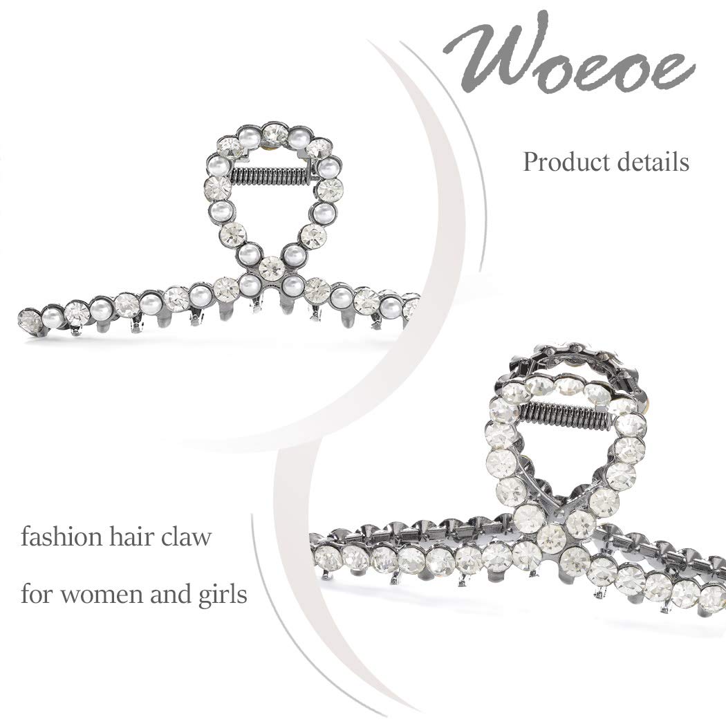 Woeoe 2PCS Metal Crystal Hair Claw Clip Silver Pearl Rhinestone Hair Claw Clips Set French Hair Catc