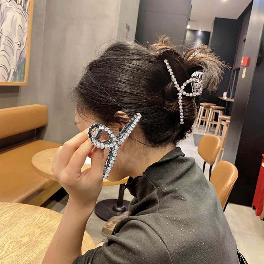 Woeoe 2PCS Metal Crystal Hair Claw Clip Silver Pearl Rhinestone Hair Claw Clips Set French Hair Catc