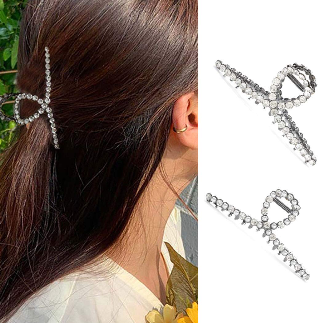 Woeoe 2PCS Metal Crystal Hair Claw Clip Silver Pearl Rhinestone Hair Claw Clips Set French Hair Catc