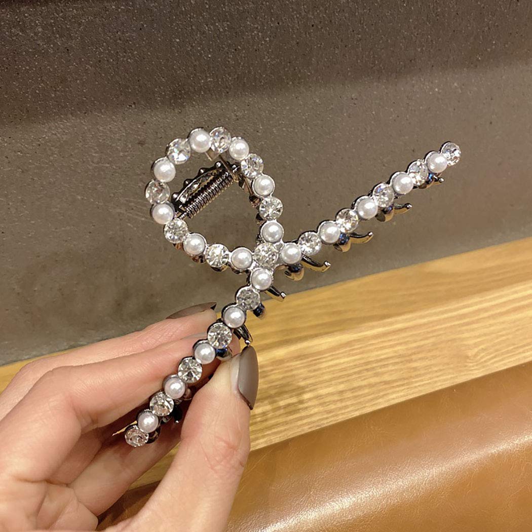 Woeoe 2PCS Metal Crystal Hair Claw Clip Silver Pearl Rhinestone Hair Claw Clips Set French Hair Catc
