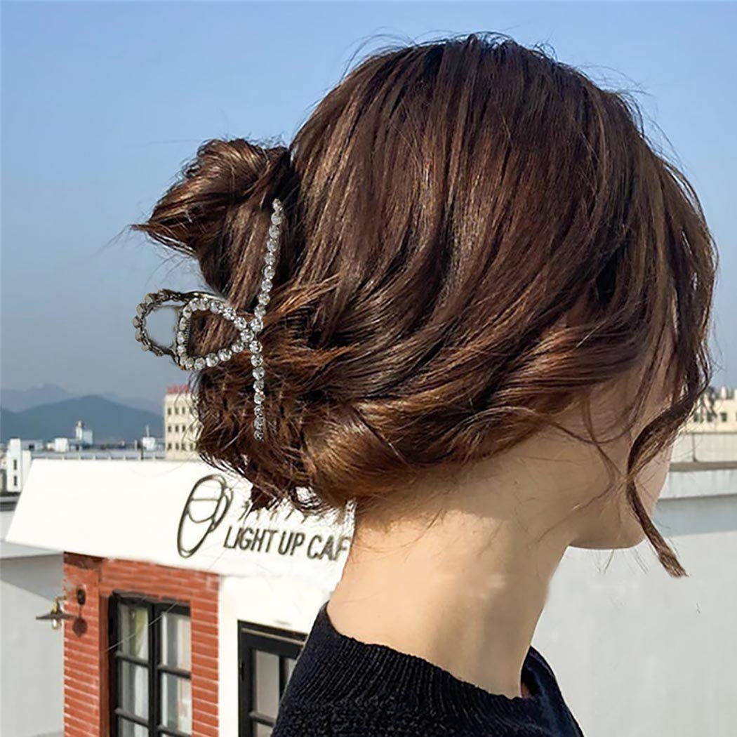 Woeoe 2PCS Metal Crystal Hair Claw Clip Silver Pearl Rhinestone Hair Claw Clips Set French Hair Catc
