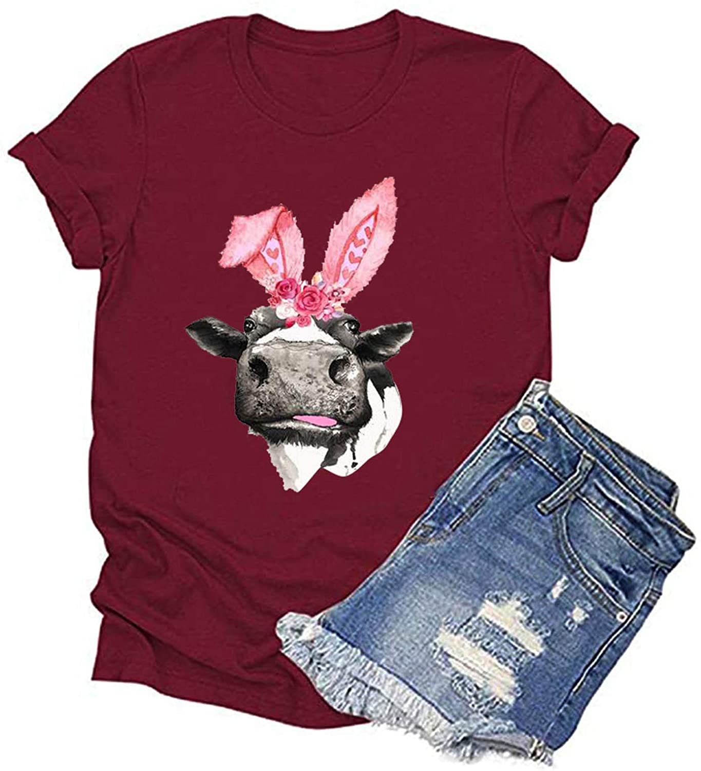 Dosoop Easter Cute Graphic Tees for Women Summer Casual Novelty Print Crewneck Short Sleeve T Shirt