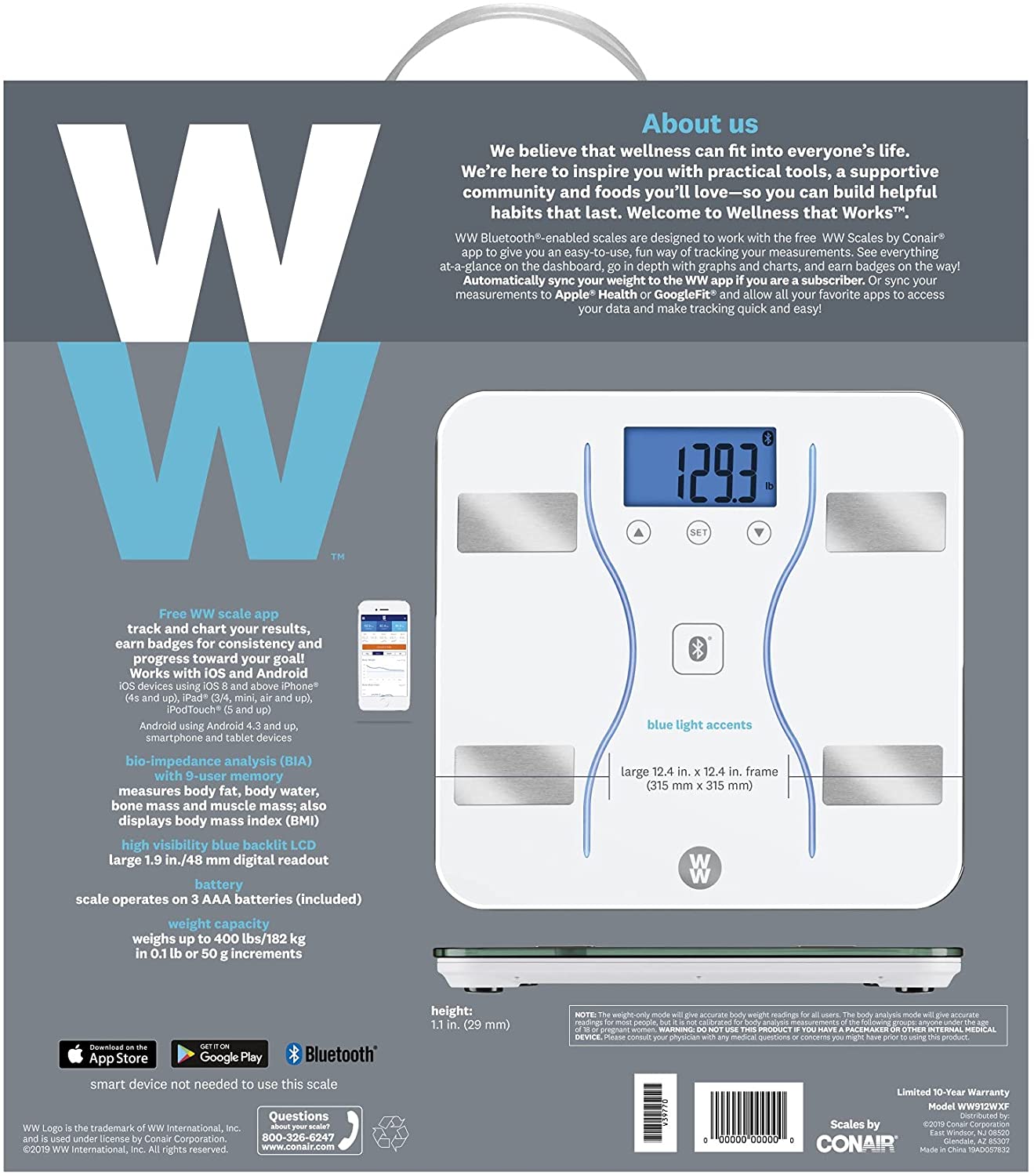 WW Scales by Conair Bluetooth Body Analysis Bathroom Scale, Measures Body Fat, Body Water, Bone Mass