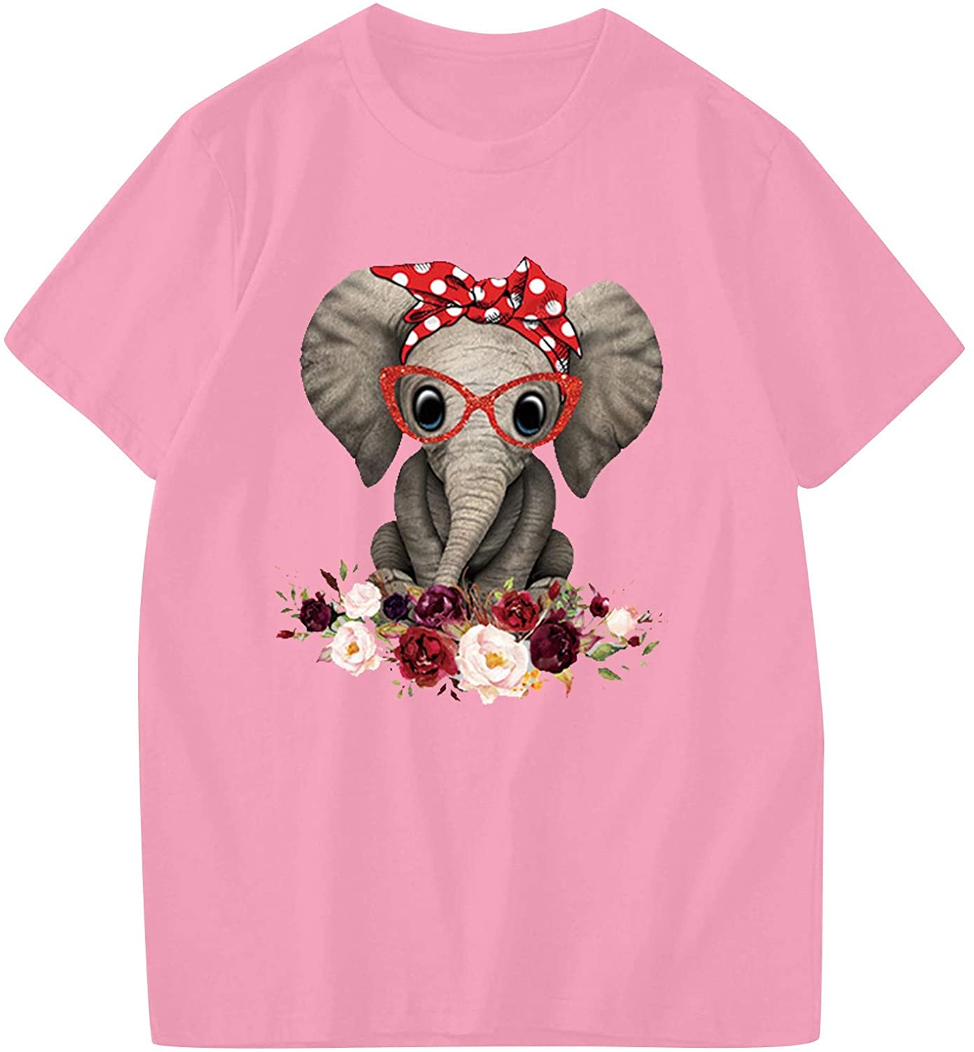 Dosoop Women Graphic Tees Casual Elephant Print Crewneck Short Sleeve T Shirt Shirts Tops Blouse Plu
